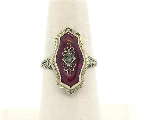 Art Deco Filigree 14K Gold Red Stone Ring (1 of 3)