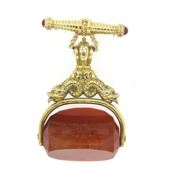 Antique 18K Gold Agate Watch Fob Brooch (1 of 4)