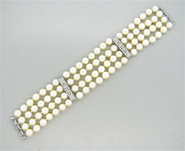18k Gold Diamond Pearl Four Row Bracelet (1 of 3)