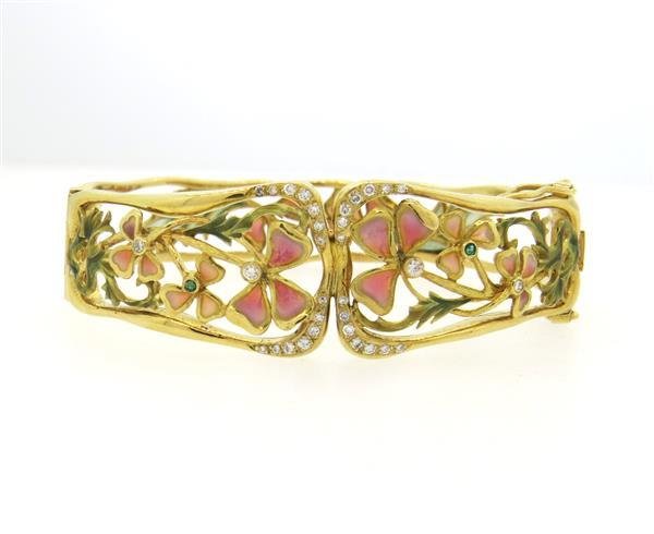 Plique a Jour 18K Gold Enamel Diamond Bangle Bracelet (1 of 4)