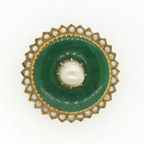 Antique 15K Gold Jade Pearl Pendant Brooch Pin (1 of 3)
