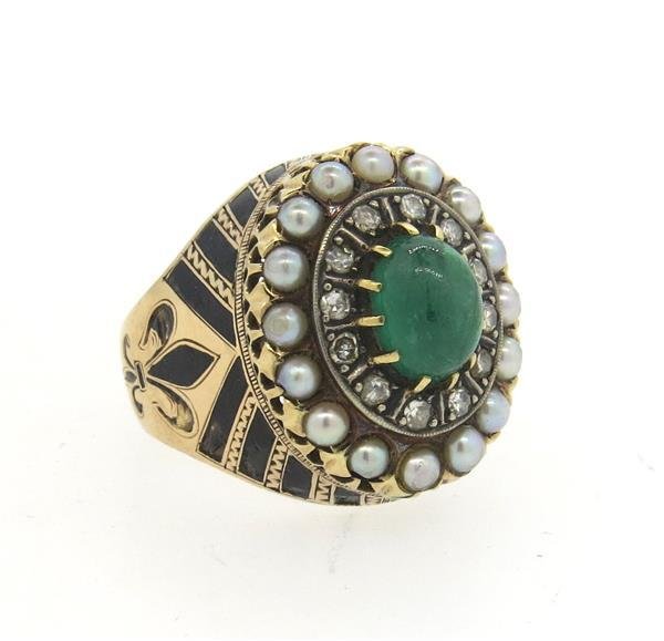 14k Gold Emerald Diamond Enamel Pearl Ring (1 of 5)