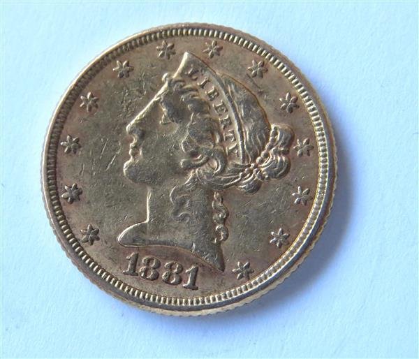 1881 Liberty Head 5 Five Dollar Half Eagle Gold US Coin (1 of 2)