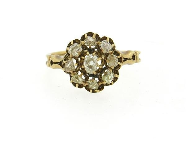 Antique Russian pre 1917 14k Gold Rose Cut Diamond Ring: Ring size 6, ring top is 12mm x 11.5mm. Set with rose cut diamonds. Marked with Russian antique gold marks. Weight - 2.7 grams.Gemstones have not been graded for color and clarity ,and tested for clar