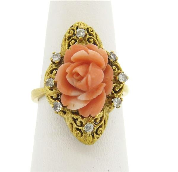 14k Gold Carved Coral Diamond Ring (1 of 4)