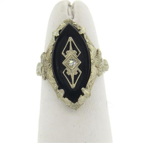 Art Deco Filigree 14k Gold Diamond Onyx Ring (1 of 3)