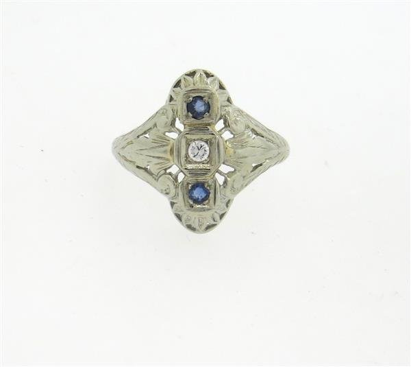 Art Deco Filigree 18k Gold Diamond Sapphire Ring (1 of 4)