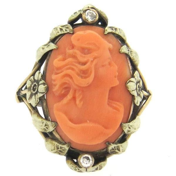 Antique Coral Cameo Diamond 14k Gold Ring (1 of 5)