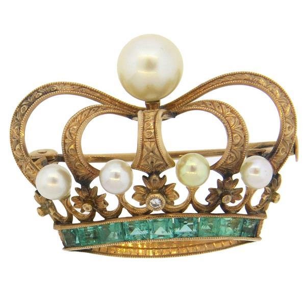 Antique Pearl Emerald Diamond 14k Gold Crown Brooch Pin (1 of 2)