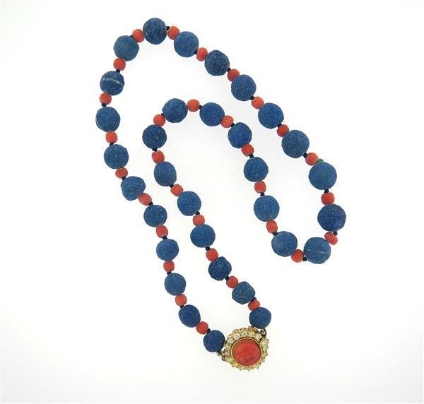 Antique 18k Gold Rough Azurite Diamond Coral Necklace (1 of 4)