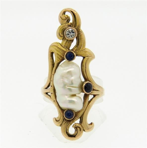 Art Nouveau 14k Gold Pearl Sapphire Ring (1 of 4)