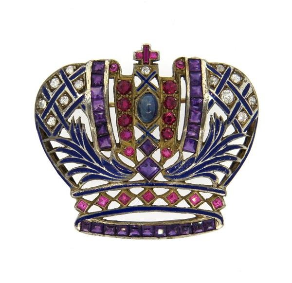 14k Gold Silver Diamond Gemstone Enamel Crown Brooch (1 of 3)