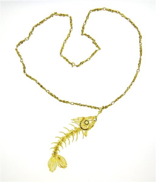 1970s  18K Gold Enamel Movable Fish Pendant Necklace (1 of 5)