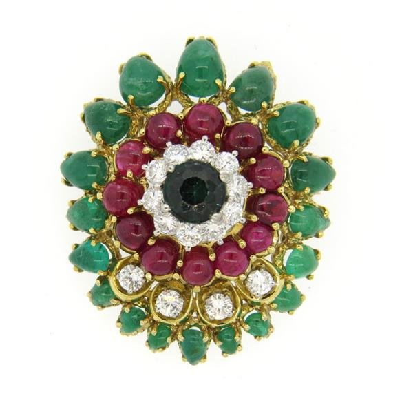 Impressive 18k Gold  Diamond Emerald Ruby  Brooch (1 of 4)