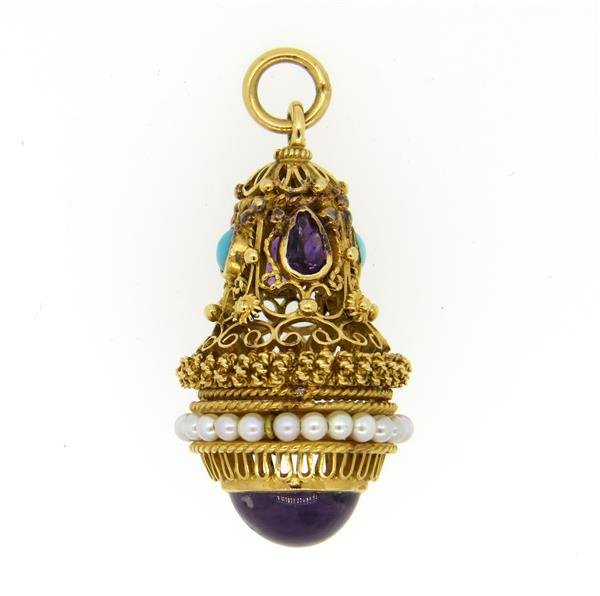 18K Gold Amethyst Turquoise Pearl Charm Pendant (1 of 3)