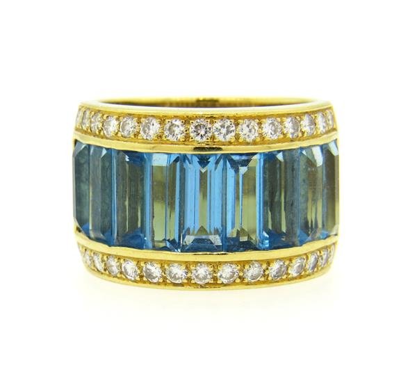 18K Gold Blue Topaz Diamond Wide Band Ring (1 of 4)