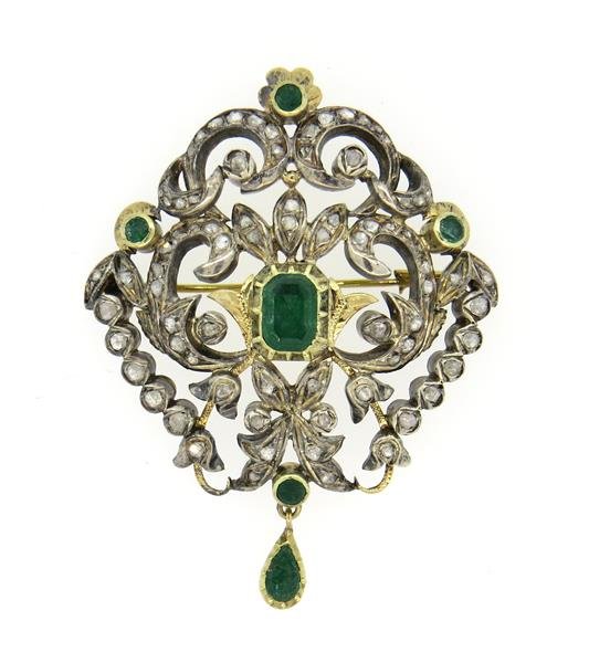Large 18K Gold Silver Emerald Diamond Brooch Pin (1 of 3)