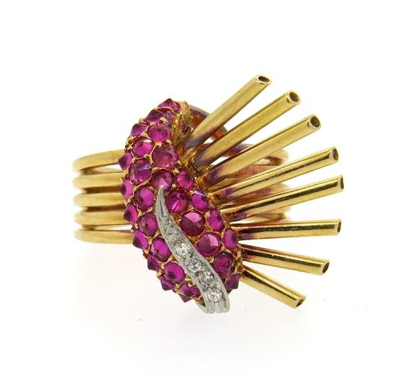 Retro 18K Gold Pink Stone Diamond Cocktail Ring (1 of 4)