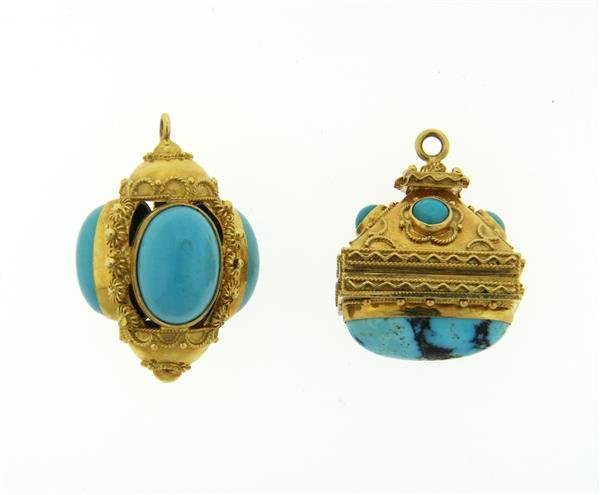 Lot of 2 18K Gold Turquoise Etruscan Bead Charms (1 of 6)