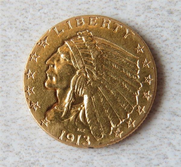 1913 Indian Head 2.5 Dollar Gold US Coin (1 of 2)