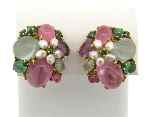 14K Gold Multi Colored Gemstone Pearl Earrings (1 of 3)