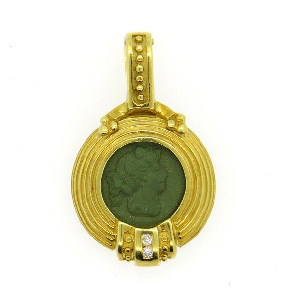 Maz 18K Gold Green Lava Rock Diamond Pendant: Pendant measures 39mm long (including bale) x 25mm. Marked MAZ, 18K. Weight - 12.7 grams. Gemstones have not been graded for color and clarity ,and tested for clarity and color enhancement, unless sta