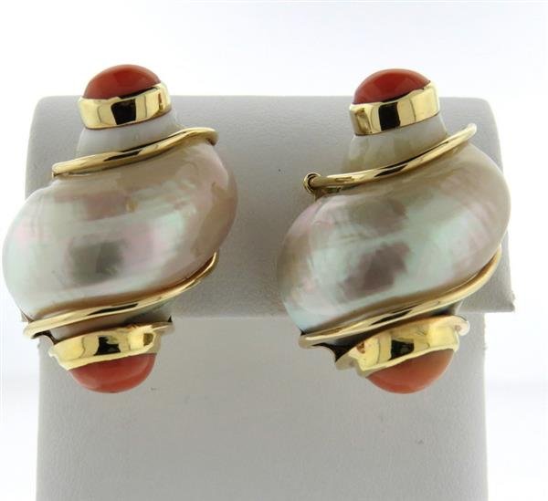 1960s Seaman Schepps Turbo Shell Gold Coral Earrings (1 of 4)