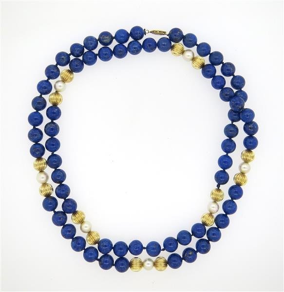 14K Gold Pearl Lapis Bead Necklace (1 of 4)