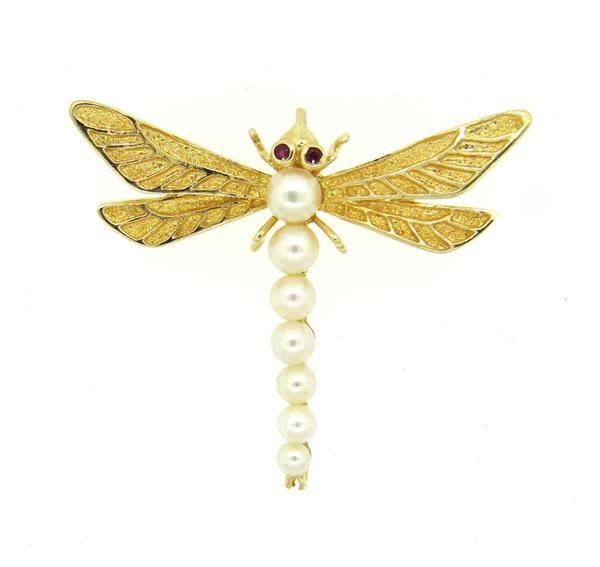 14K Gold Pearl Ruby Dragonfly Brooch Pin (1 of 3)