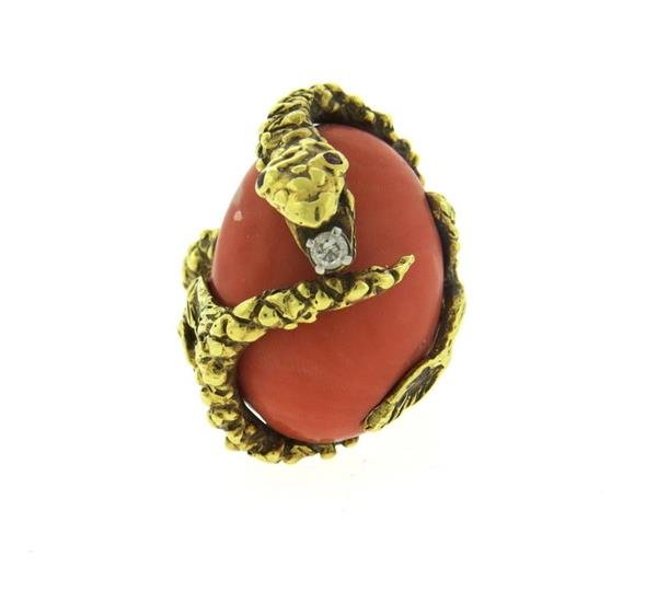 Large 18k Gold Coral Diamond Snake Ring (1 of 5)