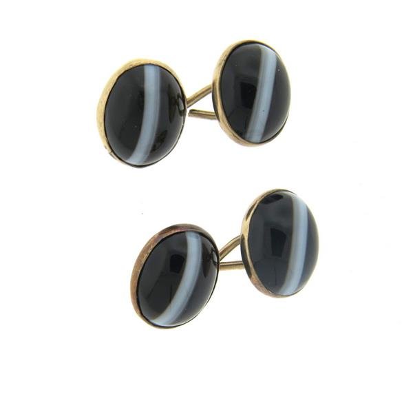 Antique 14k Gold Banded Agate Cufflinks (1 of 3)