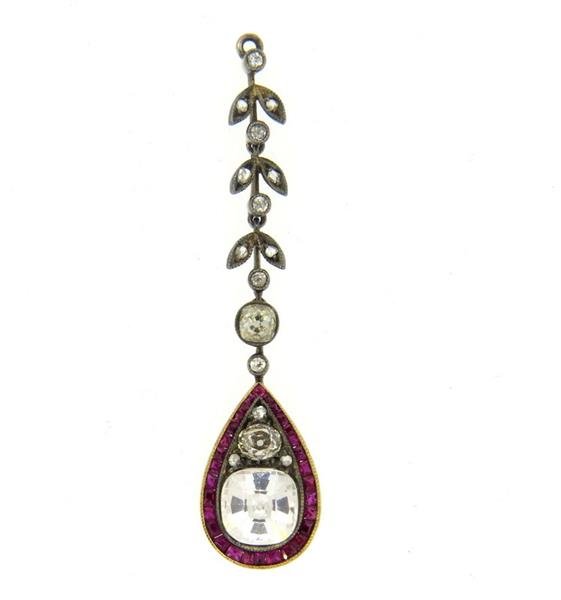 Antique Silver  18K Gold Ruby Diamond Paste Pendant (1 of 2)