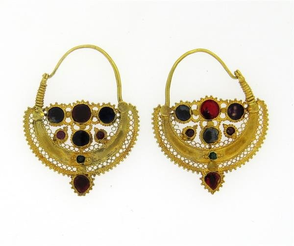 Ancient Gold Garnet Glass Filigree Pendant Earrings (1 of 4)