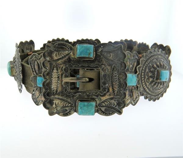 Native American Sterling Turquoise Leather Belt (1 of 5)