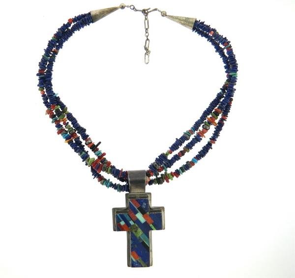 Native American Sterling Coral Opal Lapis Cross (1 of 4)