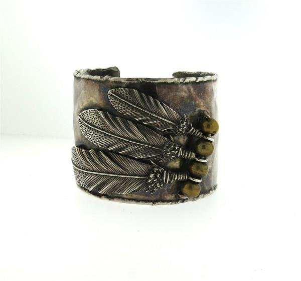 Vintage Sterling Feather Motif Wide Cuff Bracelet (1 of 2)