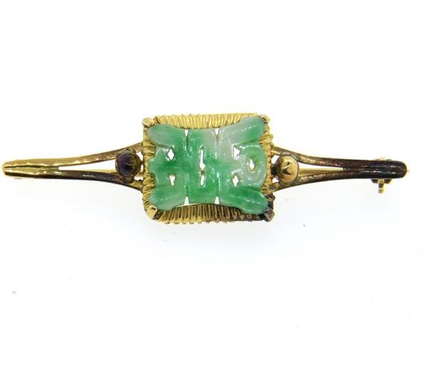 18k Gold Carved Jade Brooch Pin (1 of 2)