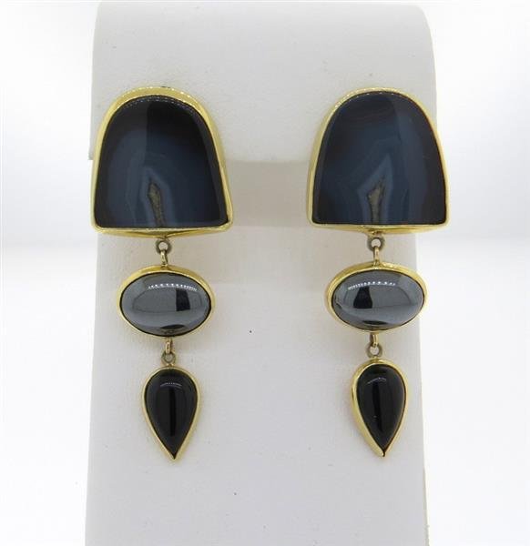 Peggie Robinson 14K Gold Agate Hematite Onyx Earrings (1 of 4)