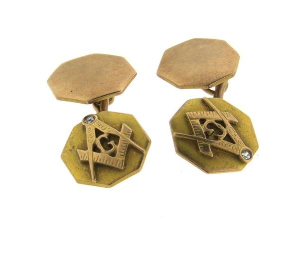 Antique Masonic 10k Gold Diamond Cufflinks: Each top measures 14mm x 13mm. Set with diamonds. Marked 10k. Weight - 6.7 grams.Gemstones have not been graded for color and clarity ,and tested for clarity and color enhancement, unless stated other
