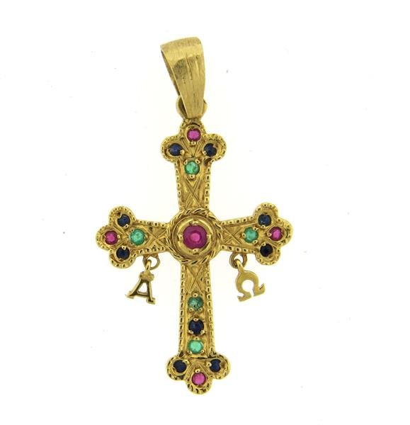 18K Gold Ruby Sapphire Emerald Cross Pendant (1 of 3)