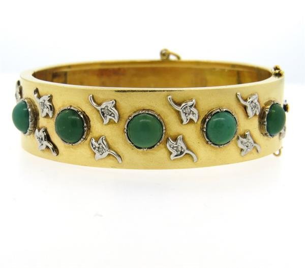 Retro 18k Gold Green Stone Diamond Bangle Bracelet (1 of 5)