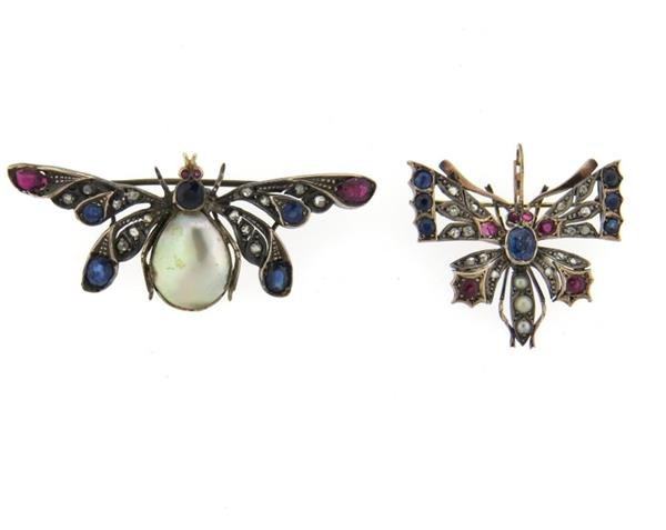 Antique 14k Gold Silver Diamond Gemstone Insect Brooch (1 of 5)