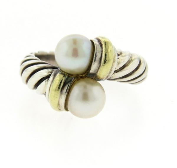 David Yurman Sterling 14k Gold Cable Pearl Bypass Ring (1 of 4)