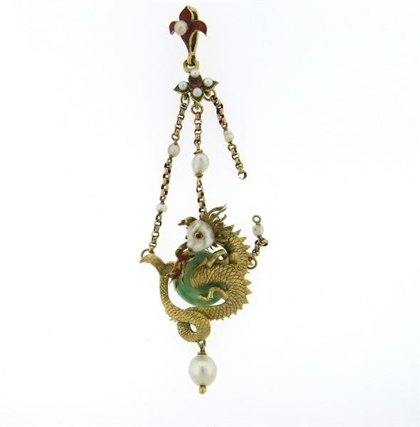 18k Gold Jade Pearl Enamel Dragon Pendant (1 of 6)