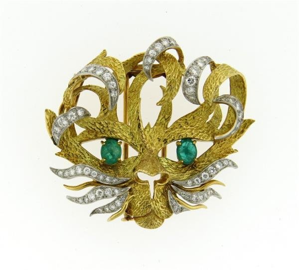 1970s 18K Gold Emerald Diamond Cat Brooch (1 of 4)