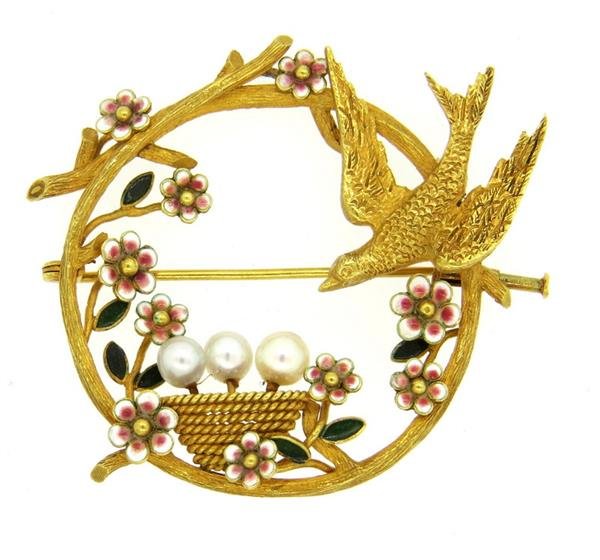 Large 18k Gold Pearl Enamel Bird Circle Pin Brooch (1 of 5)