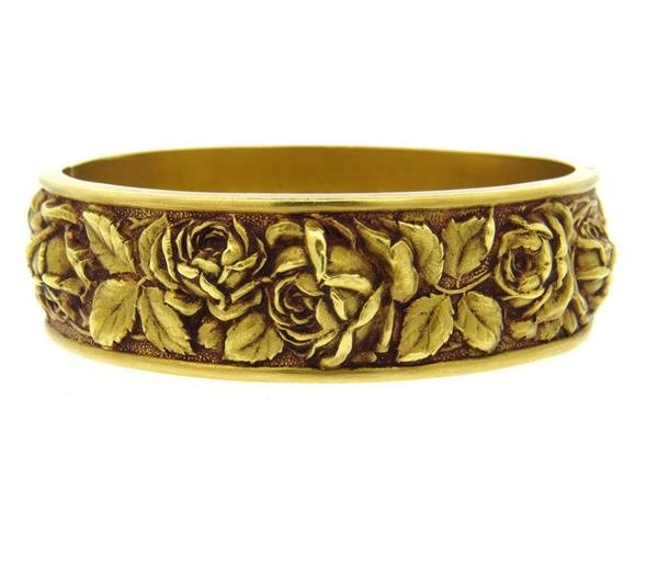 Antique Repousse High Relief 18k Gold Bangle Bracelet: Bangle will fit up to 8 - 8 1/2" wrist and is 20mm wide. Engraved on the inside " Montserrat - Barcelona" and "1924 Juan Lola 1919" . Marked with European gold hallmarks. Weig