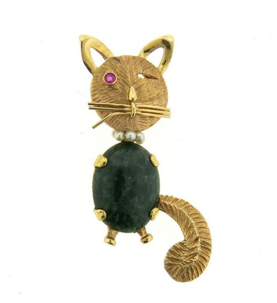 14K Gold Nephrite Pearl Ruby Cat Brooch Pin (1 of 3)