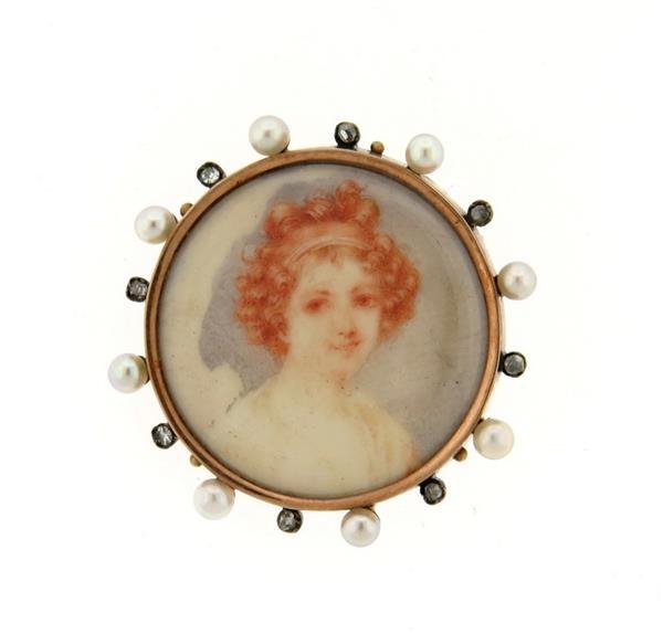Antique 14K Gold Hand Painted Miniature Pearl Diamond (1 of 3)