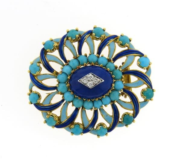 18K Gold Diamond Turquoise Enamel Lapis Brooch Pin (1 of 4)